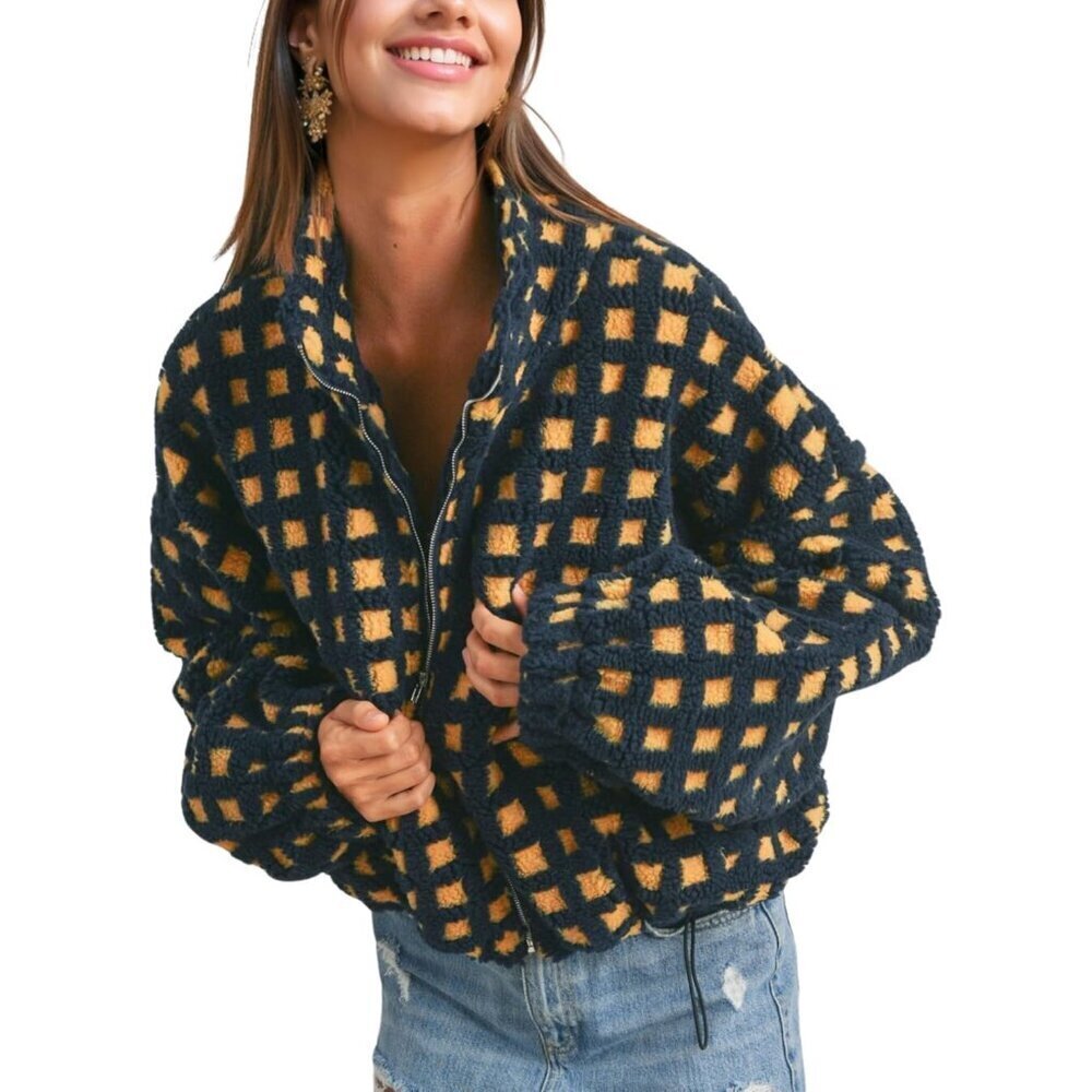 🆕Women Orange Cropped Sherpa Fleece Plaid Jacket Chunky Outerwear